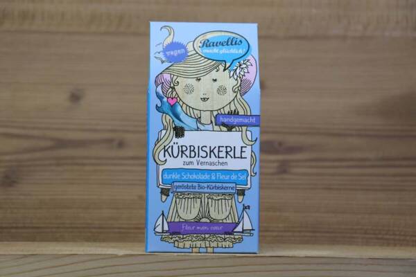 Ravellis, Geröstete Bio-Kürbiskerne veredelt mit dunkler Schokolade und Fleur de Sel, 80g