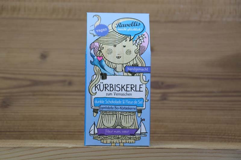 Ravellis, Geröstete Bio-Kürbiskerne veredelt mit dunkler Schokolade und Fleur de Sel, 80g